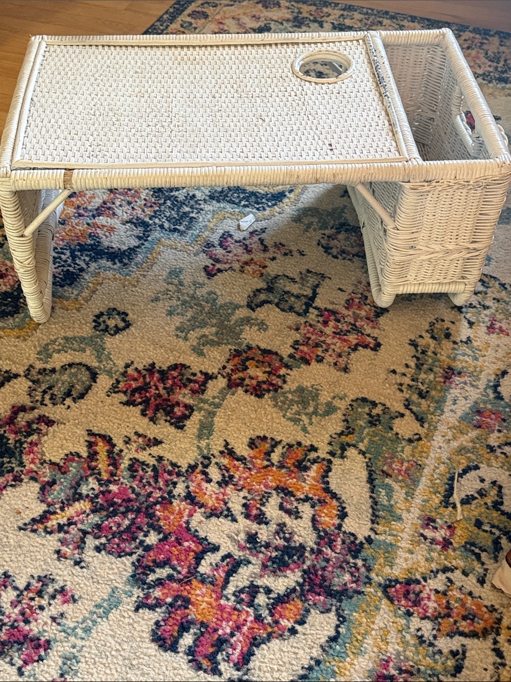 Vintage White Wicker Tray Table with Side Storage.